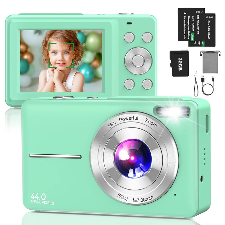 Kompakt digitális fényképezőgép 1080P 44MP 16x digitális zoommal, zöld színű, komplett készlet tartozékokkal
