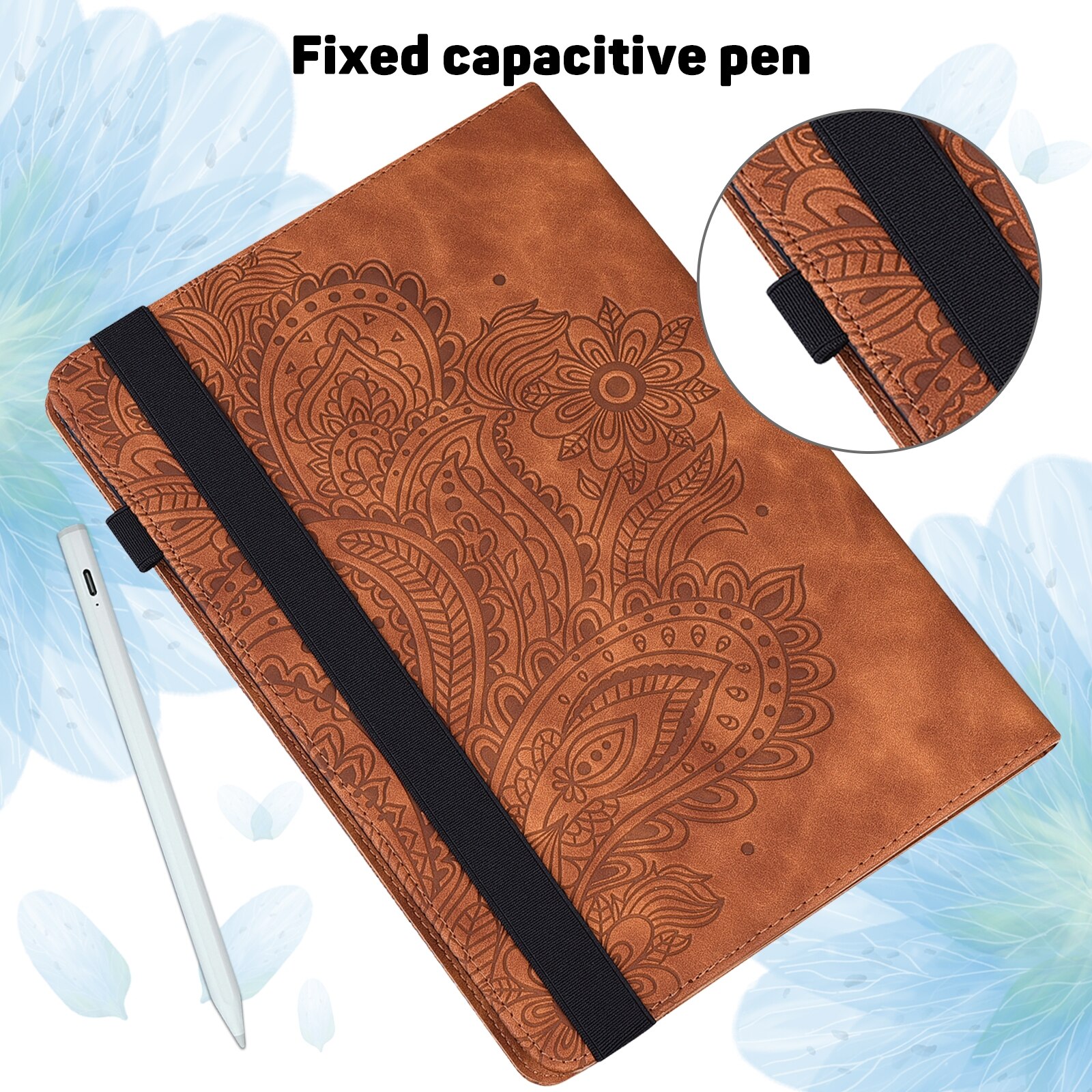 Husa tableta pentru Huawei MatePad 10.4, piele PU + TPU, tip carte cu suport si buzunare carduri, model embosat paun, somn/trezire, Maro