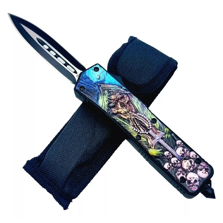 Cutit Automata pe Buton Deschidere Rapida, Pentru Camping si Pescuit, Dispozitiv Spart Geam, Model Cap de Mort, Sistem Prindere Curea, Agatatoare, 22 cm, Multcolor, Buc0414, Lama Otel, cu Husa, Dalimag