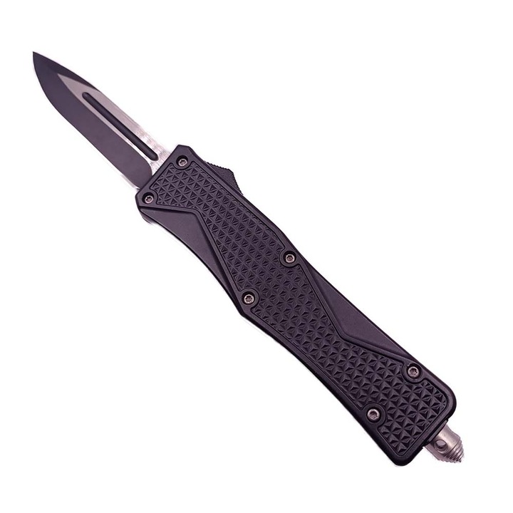 Cutit Automata pe Buton Deschidere Rapida, Pentru Camping si Pescuit, Dispozitiv Spart Geam, Sistem Prindere Curea, 25 cm, Negru Obsidan, Buc0414, Lama Otel, cu Husa, Dalimag