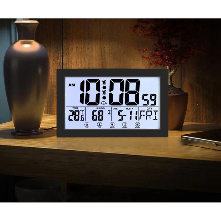 Дигитален стенен часовник с голям 7.9" дисплей, календар, аларма, температура, USB зарядно, комплект 2 аларми, за офис, хол, спалня