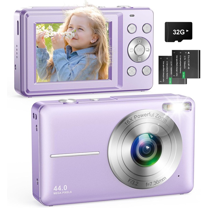 Camera foto Digital FHD 1080P 44MP pentru Copii, Zoom Digital 16X, Anti-Shake, cu Blitz, Aparat foto Compacta, Cadou pentru Vlogging, Adolescenti si Incepatori, Card Memorie 32GB, 2 Baterii, Ecran 2.4" - Violet