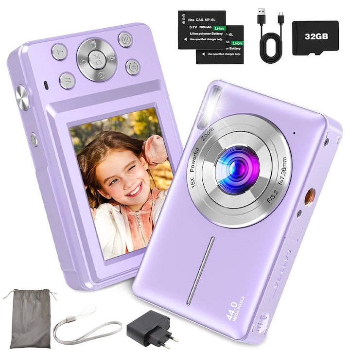 Kompakt digitális fényképezőgép 1080P 44MP 16x digitális zoommal, lila színben, komplett készlettel