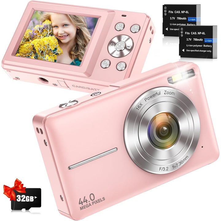 Camera Digital Compacta pentru Copii FHD 1080P 44MP, Zoom Digital 16X, Ecran 2.4", Card Memorie 32GB, 2 Baterii, Roz - pentru Vlogging, Adolescenti si Incepatori