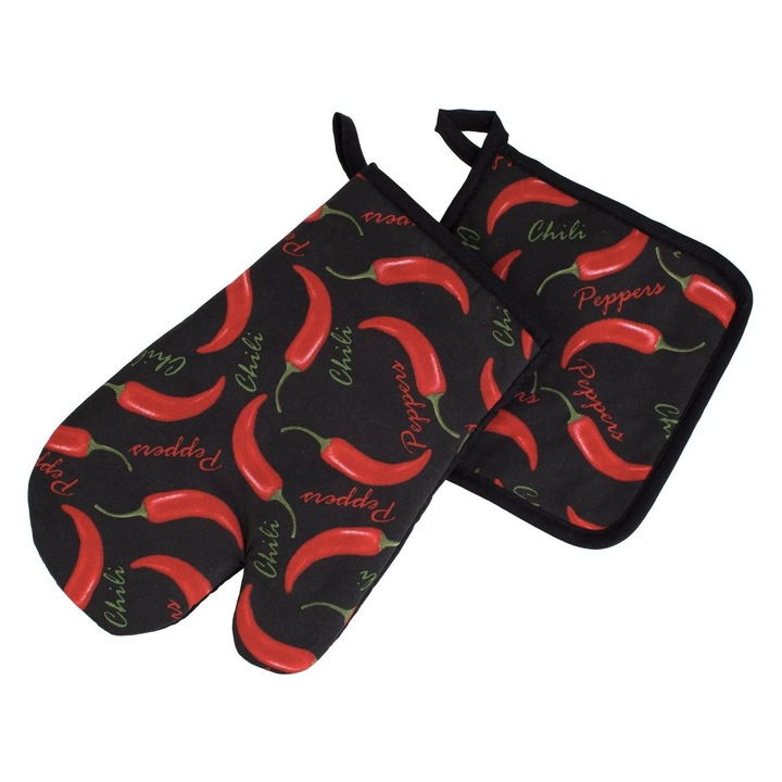 Set Manusa & Servet de Bucatarie Negre cu Model Chilli - 2buc