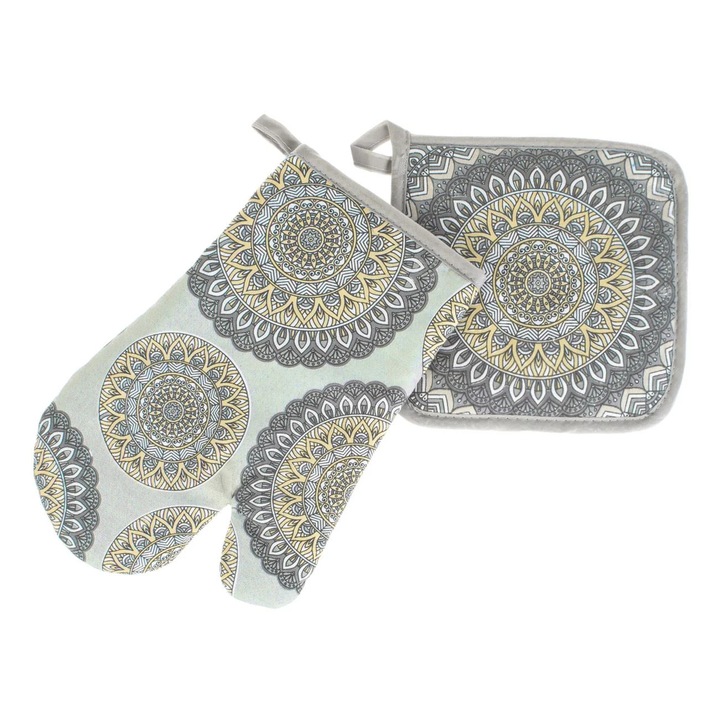 Set Manusa & Servet de Bucatarie Gri cu Mandala Galben - 2buc