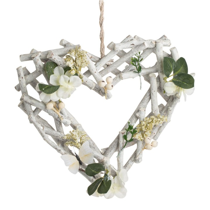 Inima Decorativa Suspendabila Lemn Alba cu Flori Fluture si Frunze 30x5x29cm