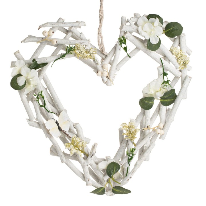 Inima Decorativa Suspendabila Lemn Alba cu Flori Fluture si Frunze 40x5x40cm