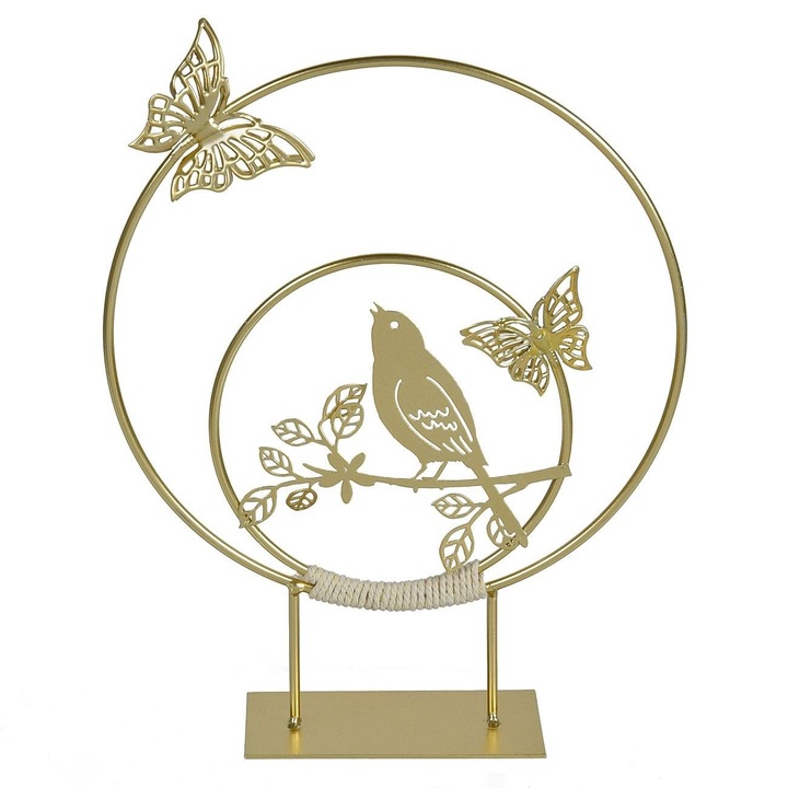 Decoratiune Metalica Aurie Coronite cu Pasari si Fluturi 3D pe Baza 20x25cm
