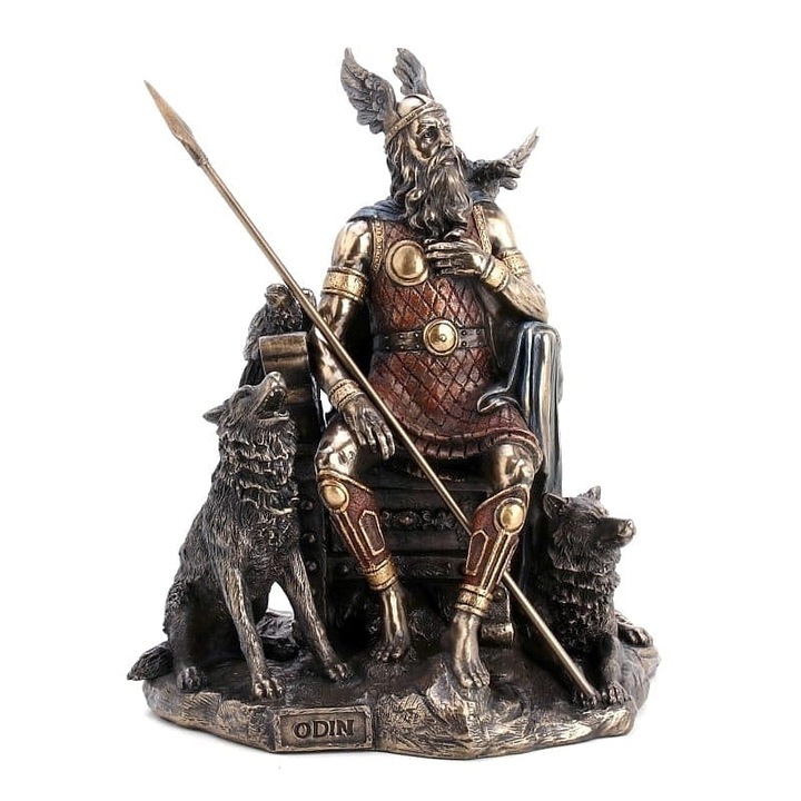 Фигурка Один на трон с вълци и гарвани - Veronese, символ на властта и скандинавската митология 25 cm