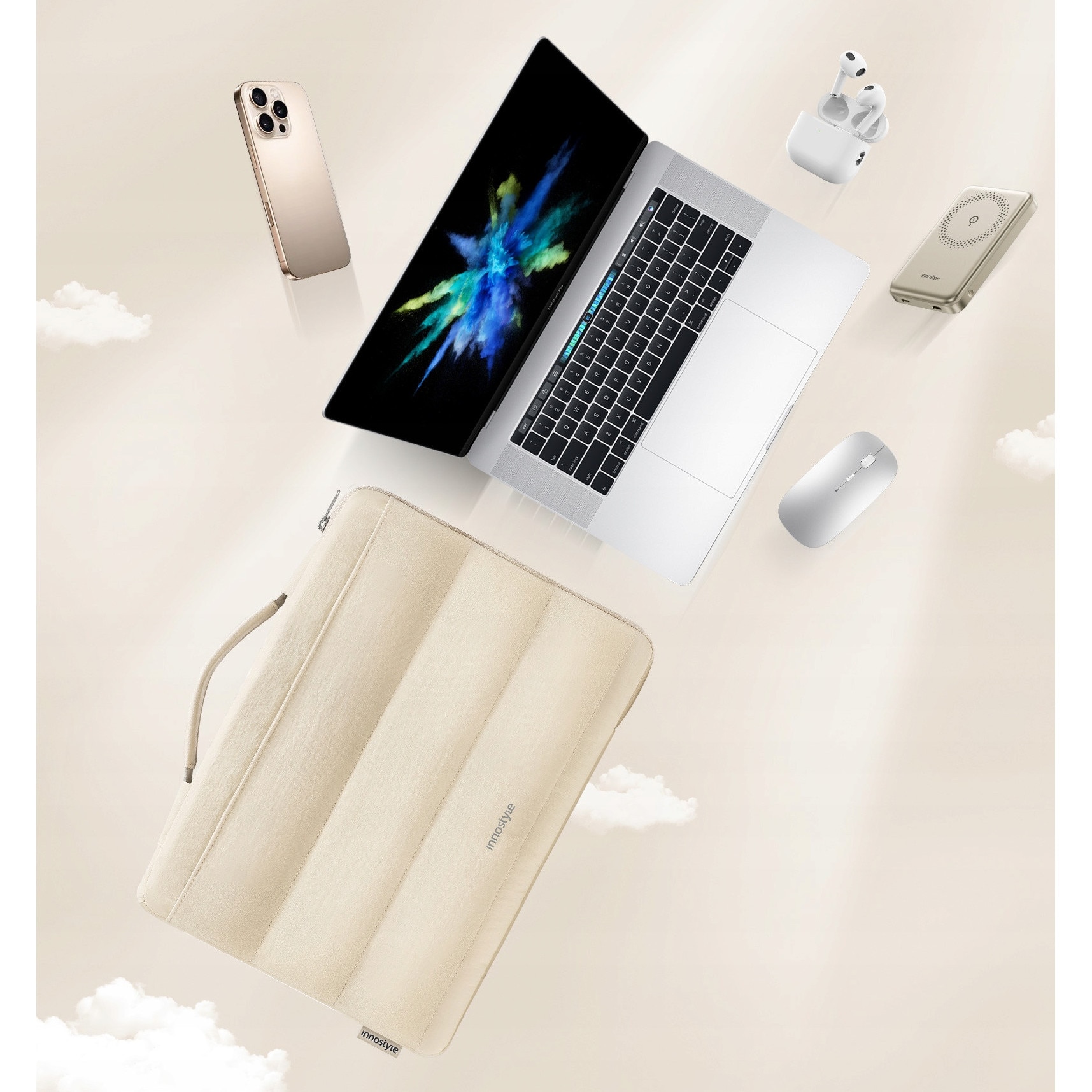Geanta laptop Stratus Sleeve, impermeabila, bej, pentru laptopuri de pana la 16", design ergonomic, 39x28x4cm