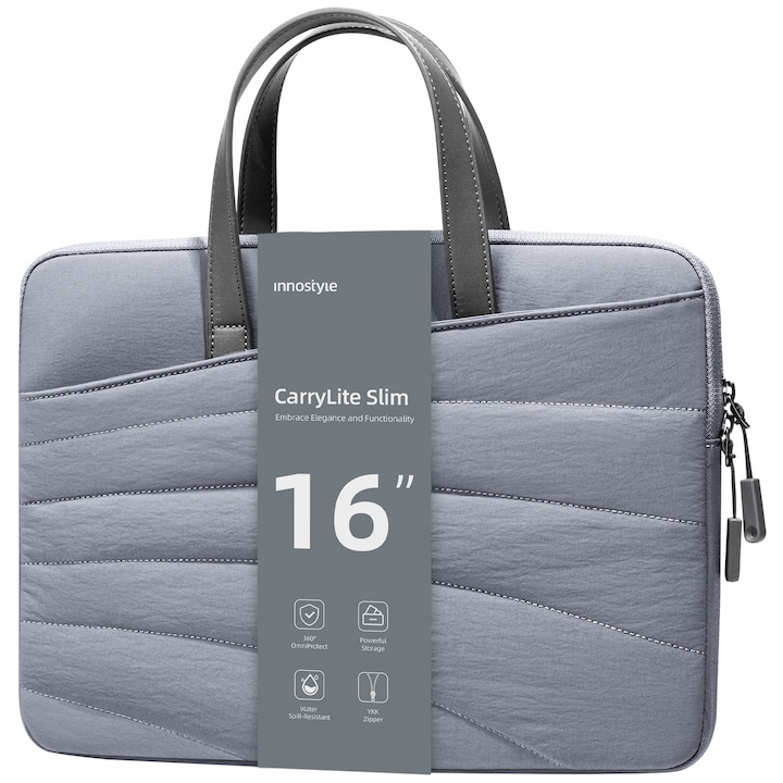 Geanta pentru laptop Innostyle CarryLite Slim impermeabila, 15.6-16", gri, design ergonomic, usoara (380g)