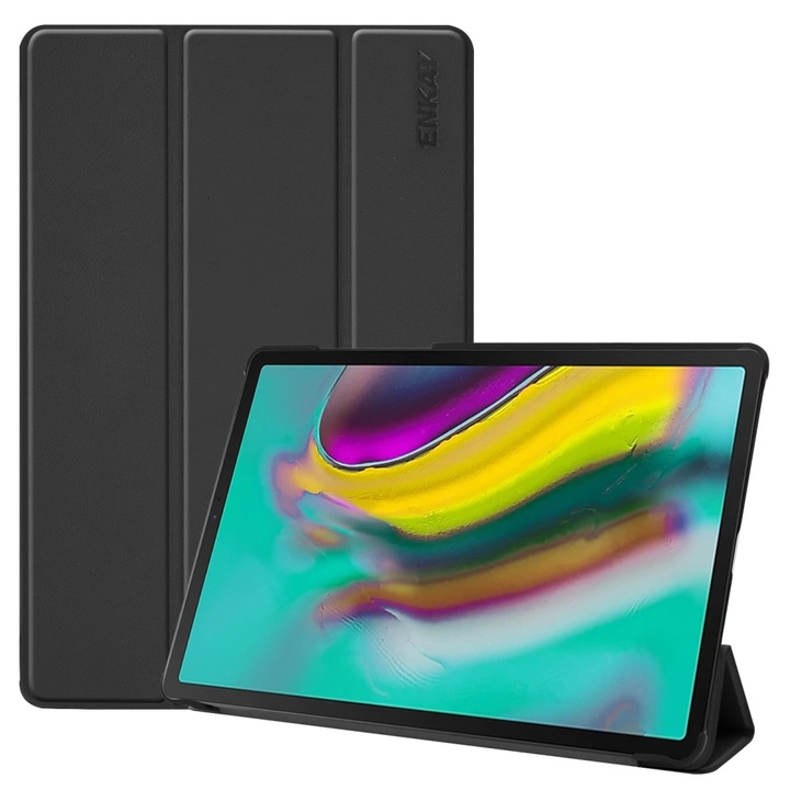 Husa tableta compatibila cu Samsung Galaxy Tab S5e 10.5 T720/T725, piele PU de inalta calitate + plastic, cu suport triplu pliabil, negru