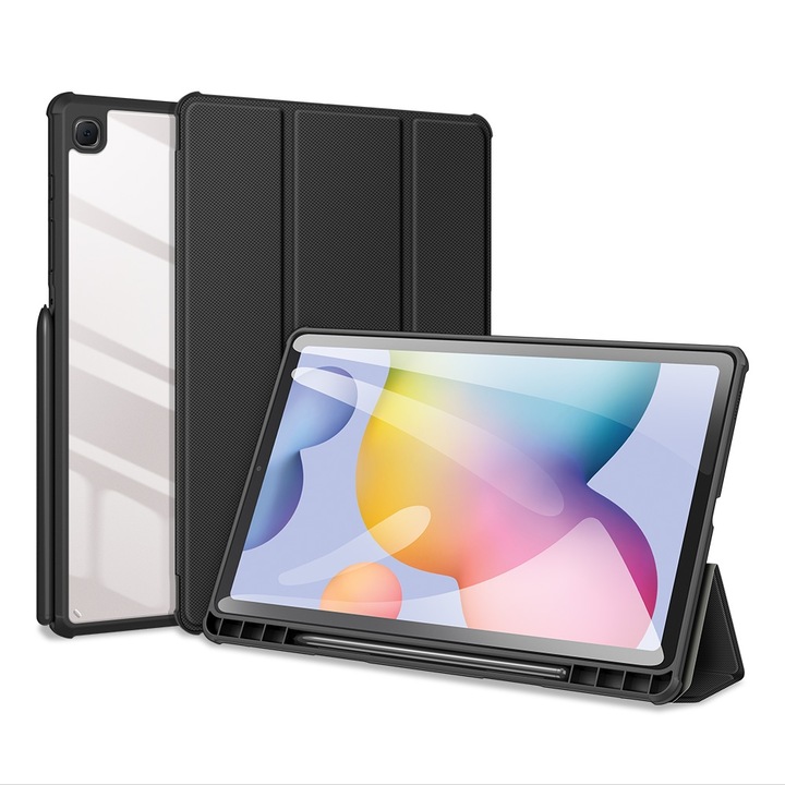 Husa tableta compatibila cu Samsung Galaxy Tab S6 Lite, piele PU antiderapanta + PC + TPU, cu suport si slot pentru stilou, functie sleep / wake-up, negru
