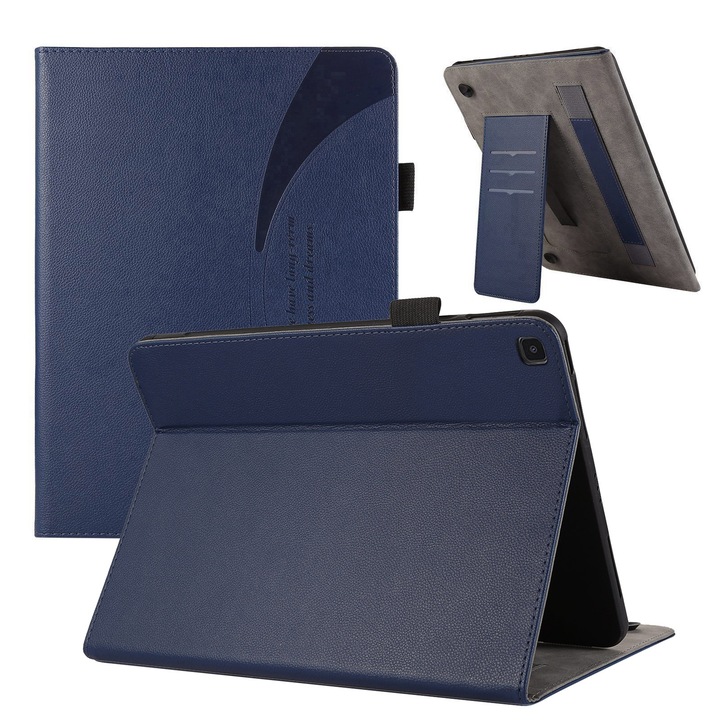 Husa tableta compatibila cu Samsung Galaxy Tab S5e T720, piele cu textura de litiu, cu suport ventuza, albastru inchis