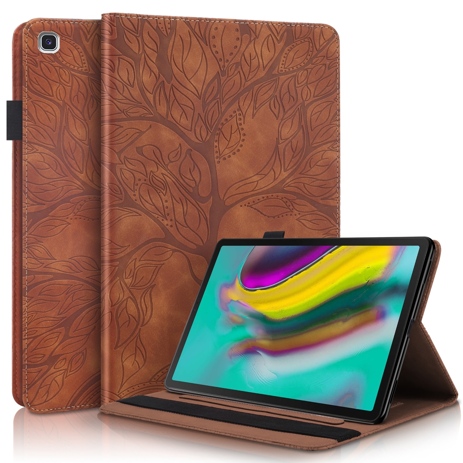 Husa tableta compatibila cu Samsung Galaxy Tab S5e 10.5 T720, din piele cu design copac viu, cu suport si sloturi pentru carduri si stilou, Maro