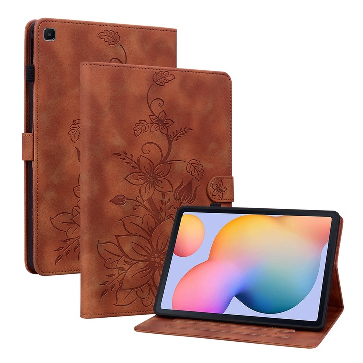Husa tableta compatibila cu Samsung Galaxy Tab S6 Lite, piele gravata cu floarea crinului, smart case, maro