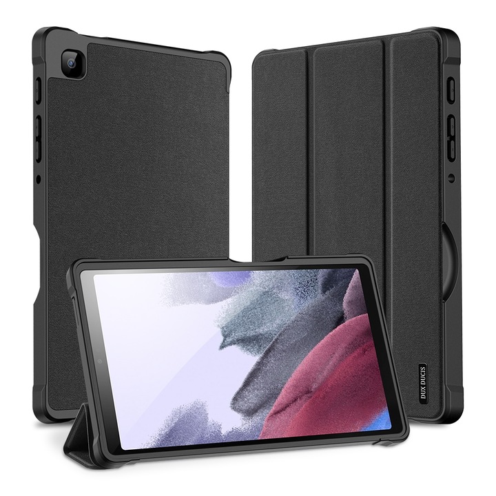 Husa tableta compatibila cu Samsung Galaxy Tab A7 Lite, piele PU, cu suport pentru pliere in trei si inchidere magnetica, negru