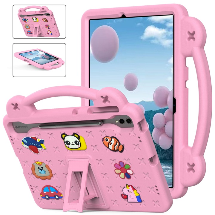 Husa tableta compatibila cu Samsung Galaxy Tab S8+ 12.4 X800/X806, maner cu suport, copii, EVA rezistent la socuri, roz