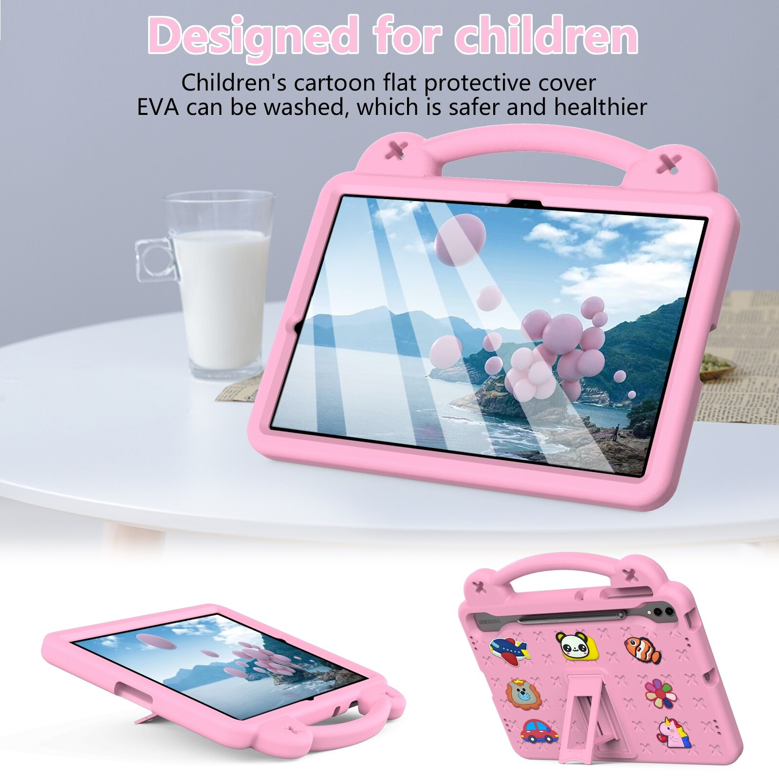 Husa tableta compatibila cu Samsung Galaxy Tab S8+ 12.4 X800/X806, maner cu suport, copii, EVA rezistent la socuri, roz