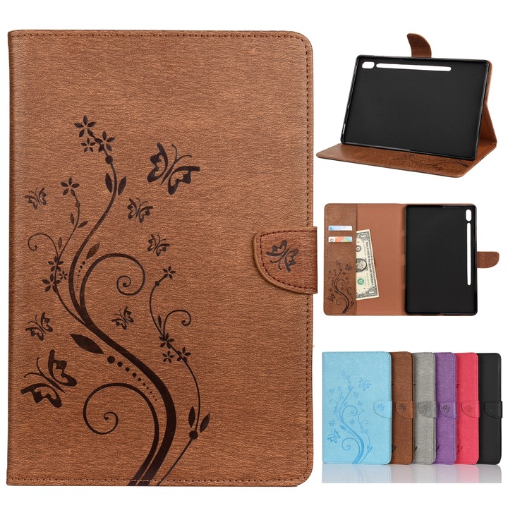 Husa tableta compatibila cu Samsung Galaxy Tab S6 T860/T865, model cu flori embosate, carcasa de piele cu suport si sloturi pentru carduri si portmoneu, caprui