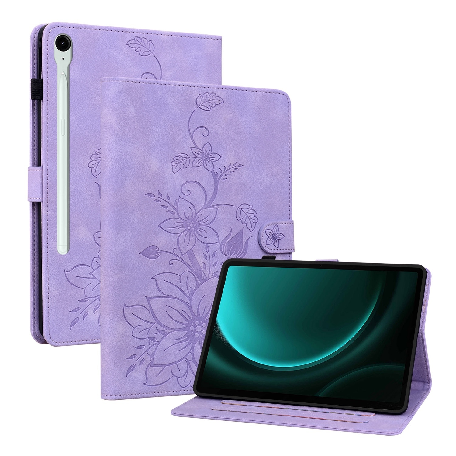 Husa tableta compatibila cu Samsung Galaxy Tab S9 / S9 FE, piele embosata cu design floral, violet