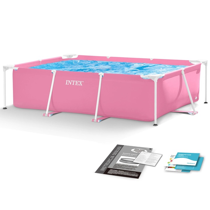 Piscina cu cadru, realizata din material PVC durabil cu 3 straturi, capacitate 1662 l, forma dreptunghiulara, 220 x 150 x 60 cm, roz