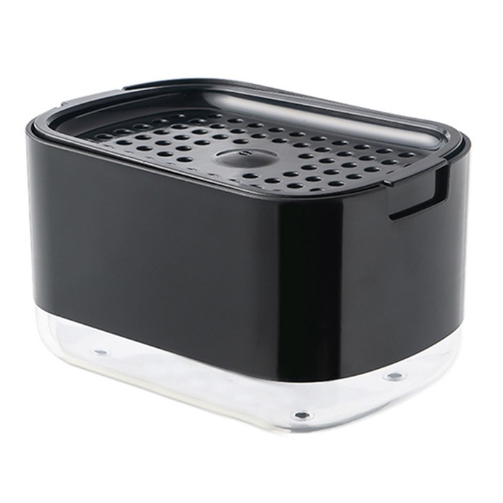 Dispenser sapun cu suport pentru burete, tip presare, 14.5x10.2x8.6cm, PP, PET