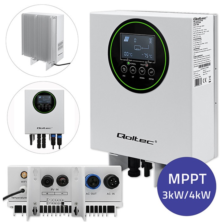 Invertor Solar Qoltec 3kW ECO Solar Boost pentru Incalzire Apa, MPPT, BYPASS, WiFi, LCD, Control Smart SWHS, Eficienta Maxima, Protectie Completa, Ideal pentru Cazane, Incalzire Pardoseala, Economie Energie, Garantie Calitate