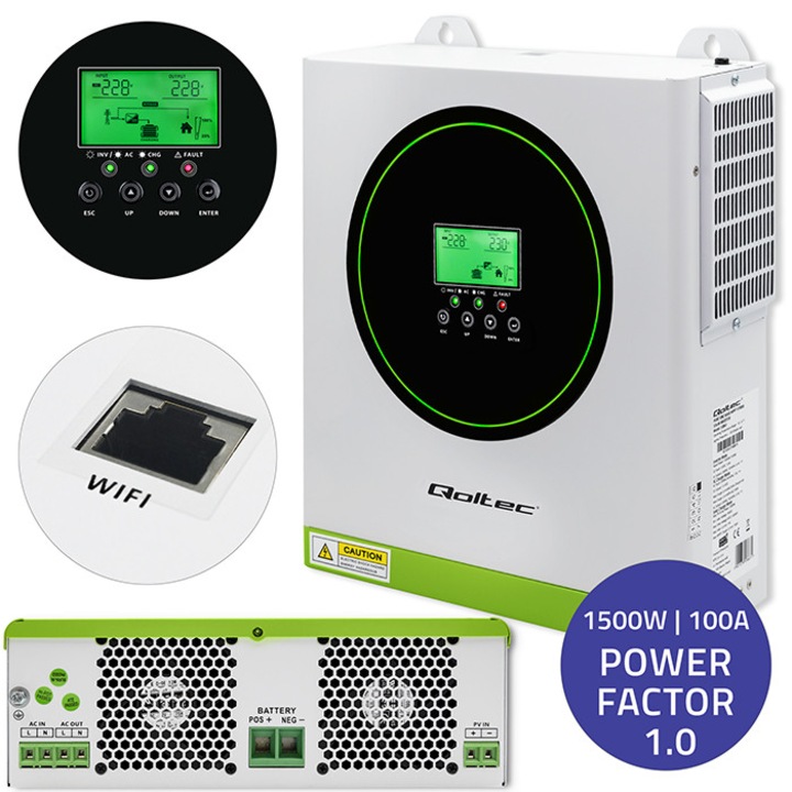 Inverter Solar Cu Instructiuni Si Protocol De Montaj, Qoltec, 53863, Putere Nominala: 1500W, Curent Maxim De Incarcare: 100A, Unda Sinusoidala Pura, Ecran Tactil Lcd, 330 x 278 x 98 mm, Alb, Verde
