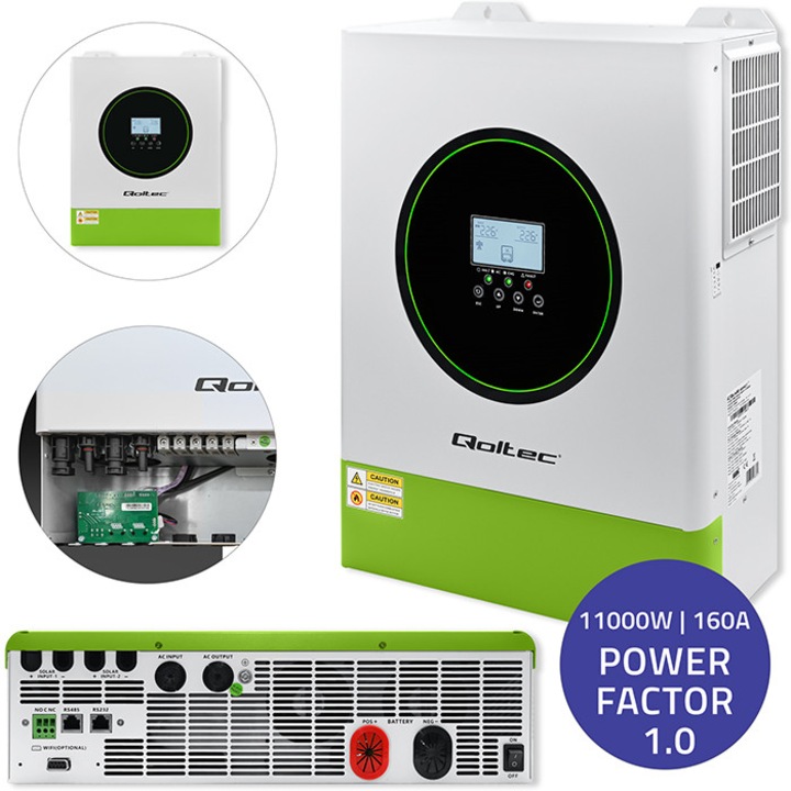Invertor Solar Hibrid Off-Grid Qoltec 11000W, 160A, 48V MPPT, BMS, Sinus Pur, Optiune Wi-Fi, Factor de Putere 1.0, Independenta Energetica, Eficienta Maxima, Control LCD Touchscreen, Protectie Baterie, Ideal pentru Panouri Solare, Uz Casnic