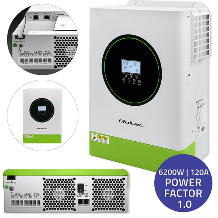 Invertor Solar Hibrid Off-Grid Qoltec 6200W 120A 48V MPPT BMS Sinus Pur Factor Putere 1.0 Compatibil WiFi Management Baterie LCD Touch Protectie SupraIncarcare Scurtcircuit Panouri Fotovoltaice Case birouri rulote