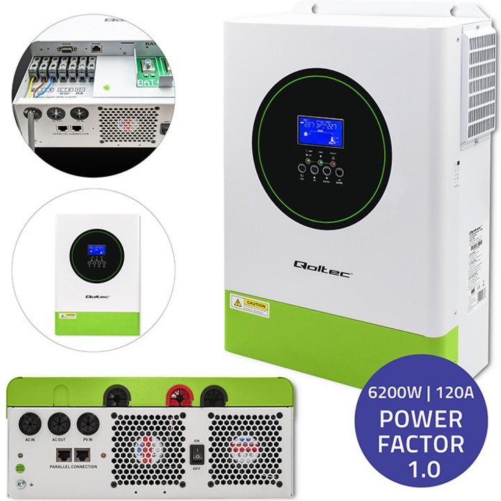 Invertor Solar Hibrid Off-Grid Qoltec 6.2kVA 6.2kW 120A MPPT BMS Sinus Wi-Fi 12 Unitati Factor de Putere 1.0, Independenta Energetica, Alimentare de Urgenta, Ideal pentru Fotovoltaice