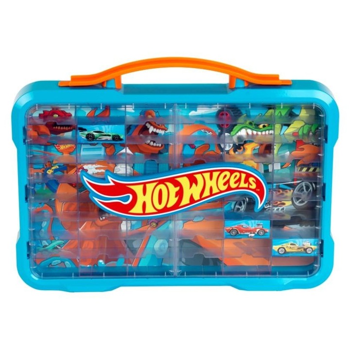 Geanta Hot Wheels cu logo iluminat, spatiu pentru 54 de masinute, multicolor