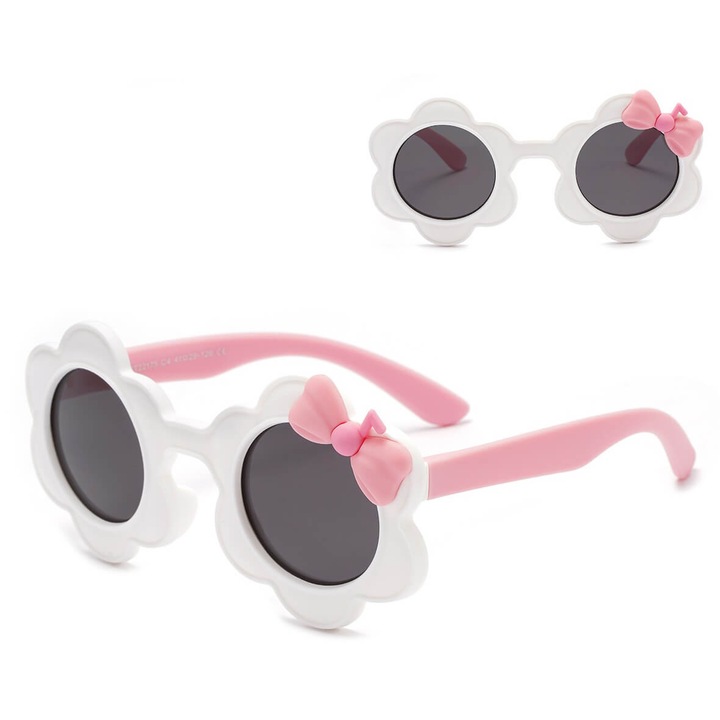 Ochelari de soare copii, Stylion, model floare, polari, alb-roz, dimensiuni 11.9x5.7cm, set cu sac pentru ochelari si carpa de curatare