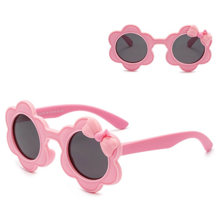 Детски слънчеви очила, Stylion, с флорален мотив, поляризирани, розови, 11.9x5.7 см, комплект с торбичка и кърпичка за почистване, 2-4 години