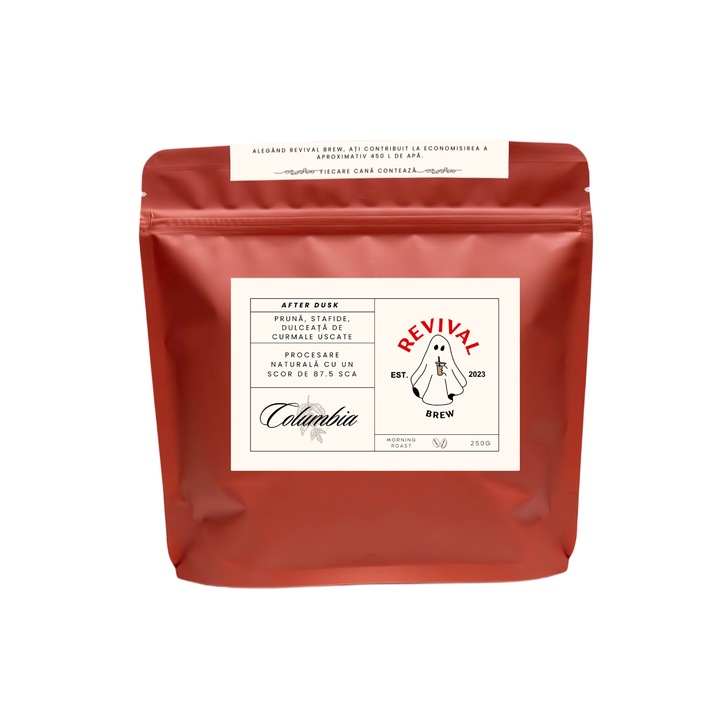 Revival Brew – After Dusk – Különleges kávé Kolumbiából – SCA pontszám 87.5 – Természetes feldolgozás – Világos fahéj pörkölés – Gourmet kávé 250g – Ízjegyek: Érett szilva, mazsola és aszalt datolya lekvár – Frissen pörkölt kávé – Arabica kávészemek