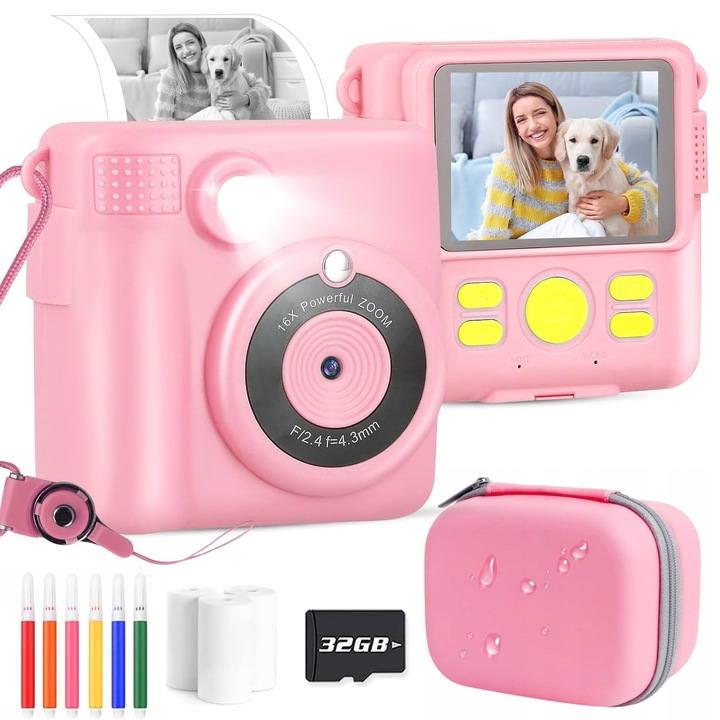 Camera foto instant pentru Copii, Foto, Video, Printare Instanta, HD 1080p, ecran 2.4 inch, Baterie Reincarcabila, Card Memorie 32GB, 4 Jocuri, Printare fara Cerneala, 3 Role Hartie incluse si 6 Carioci Colorate incluse, Roz