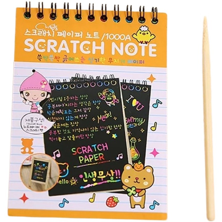 Caiet cu fișe razuibile DIY Magic Scratch, 12 file, curcubeu, creion din lemn, 14.5x10cm, portocaliu