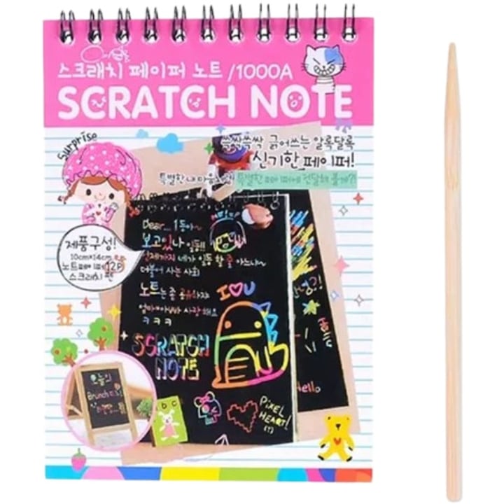 Caiet cu fise razuibile, DIY Magic Scratch, 12 File, Curcubeu, Creion din Lemn, Cartonase negre, 14.5 x 10 cm, Roz