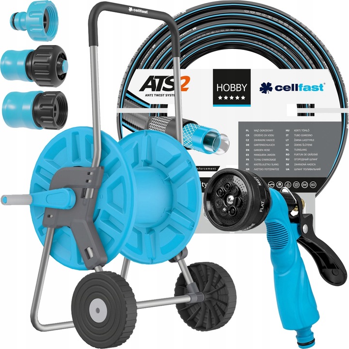 Kerti tömlő kocsi szett 1/2" 50m, Cellfast, 7 funkció, 3 csatlakozó