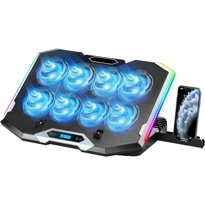 Elindor Gamer Laptop Hűtő 8 Csendes Ventilátorral, 6 Magasságállítási Szinttel, Testreszabható RGB Megvilágítással, Digitális LCD Kijelzővel, 2 USB-vel, Telefontartóval Tartalmazza, 15–21 Hüvelykes Kompatibilis, 40,5x30,5 cm, Fekete