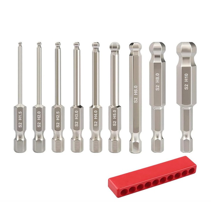 Set 9 Piese bituri Hexagonale cu Cap Sferic Yakumuz, Otel S2, Dimensiuni 1.5-10mm, Lungime 50mm, Magneti Puternici
