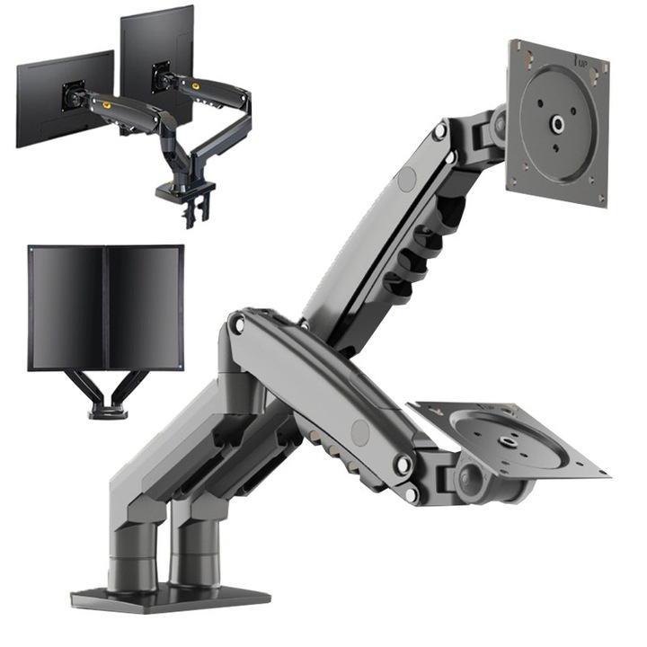 Suport de birou pentru monitor dublu Fudisenn, 13-27 inci, negru, 42.1x19.7x13.5cm, ajustabil, organizator cabluri