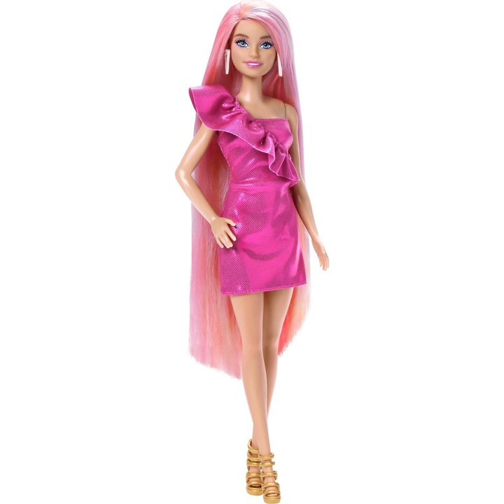 Кукла Барби Забавна и Причудлива с аксесоари, Barbie, 21 см, руса коса с цветни кичури, розова рокля, комплект за прически