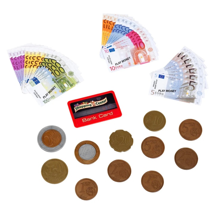 Szupermarketi játékkészlet, Theo Klein, eurós játékpénz, 11 érme, 37 bankjegy, 20x0,5x20cm