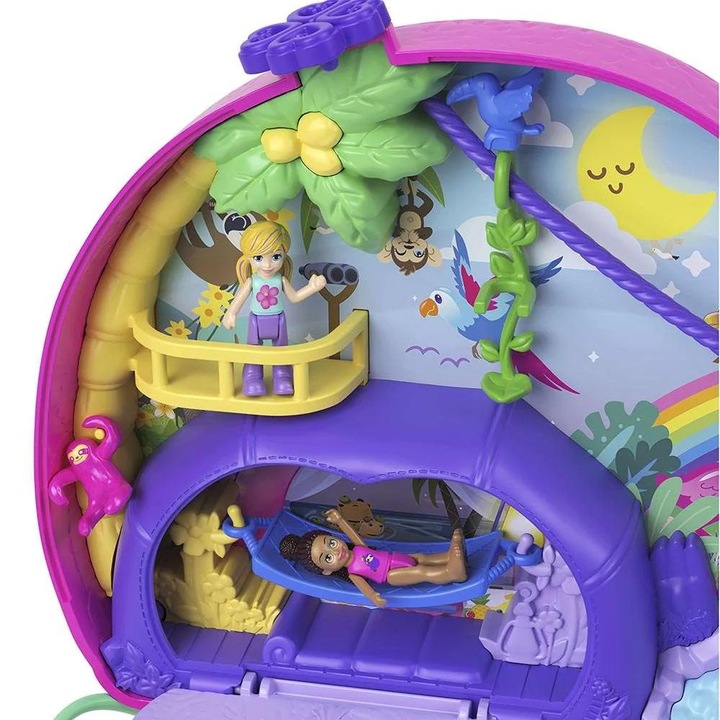 Комплект Polly Pocket, 2 в 1 с кукли и 12 аксесоара, тема джунгла, многоцветен