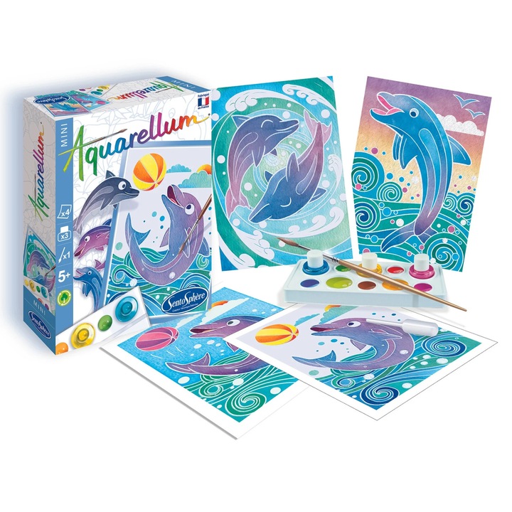 Set pictura Aquarellum Mini - Delfini, 3 culori, 4 imagini, 10x15cm