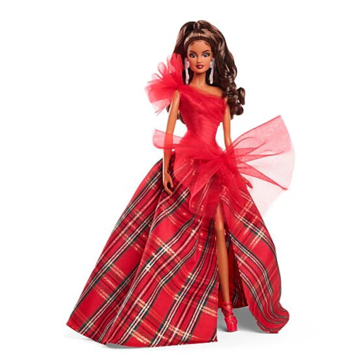 Колекционерска кукла Barbie Signature Joyeux Noel 2024, червена рокля с тартанови детайли, 30 см