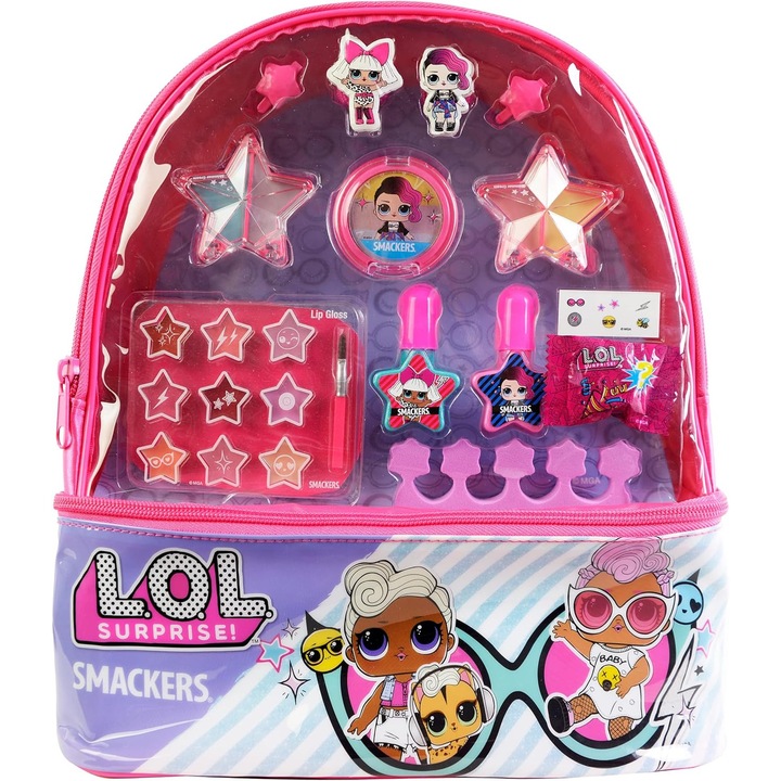 Комплект раница LOL Surprise, 1 изненада, 9 гланца за устни, 4 крема с брокат, 3 пудри с брокат, 2 лака за нокти, 2 щипки за коса, 2 ластичета за коса